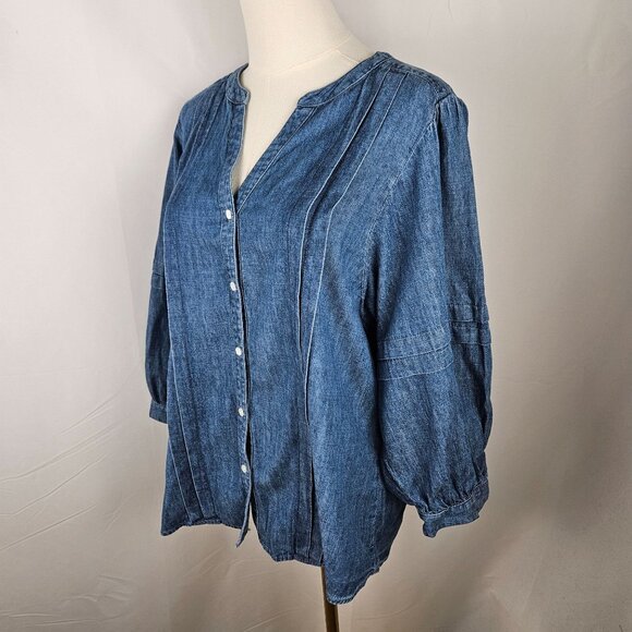 J. McLaughlin Top Size Large Laramie Chambray Denim Balloon Sleeve Blouse Boho - Picture 4 of 12